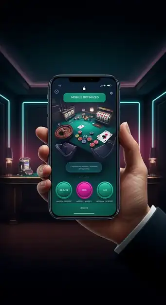 Een smartphone met het responsive MagicWins Casino website-interface, waarop een gokautomaatspel te zien is, met navigatieknoppen en accountgegevens duidelijk zichtbaar op het scherm.